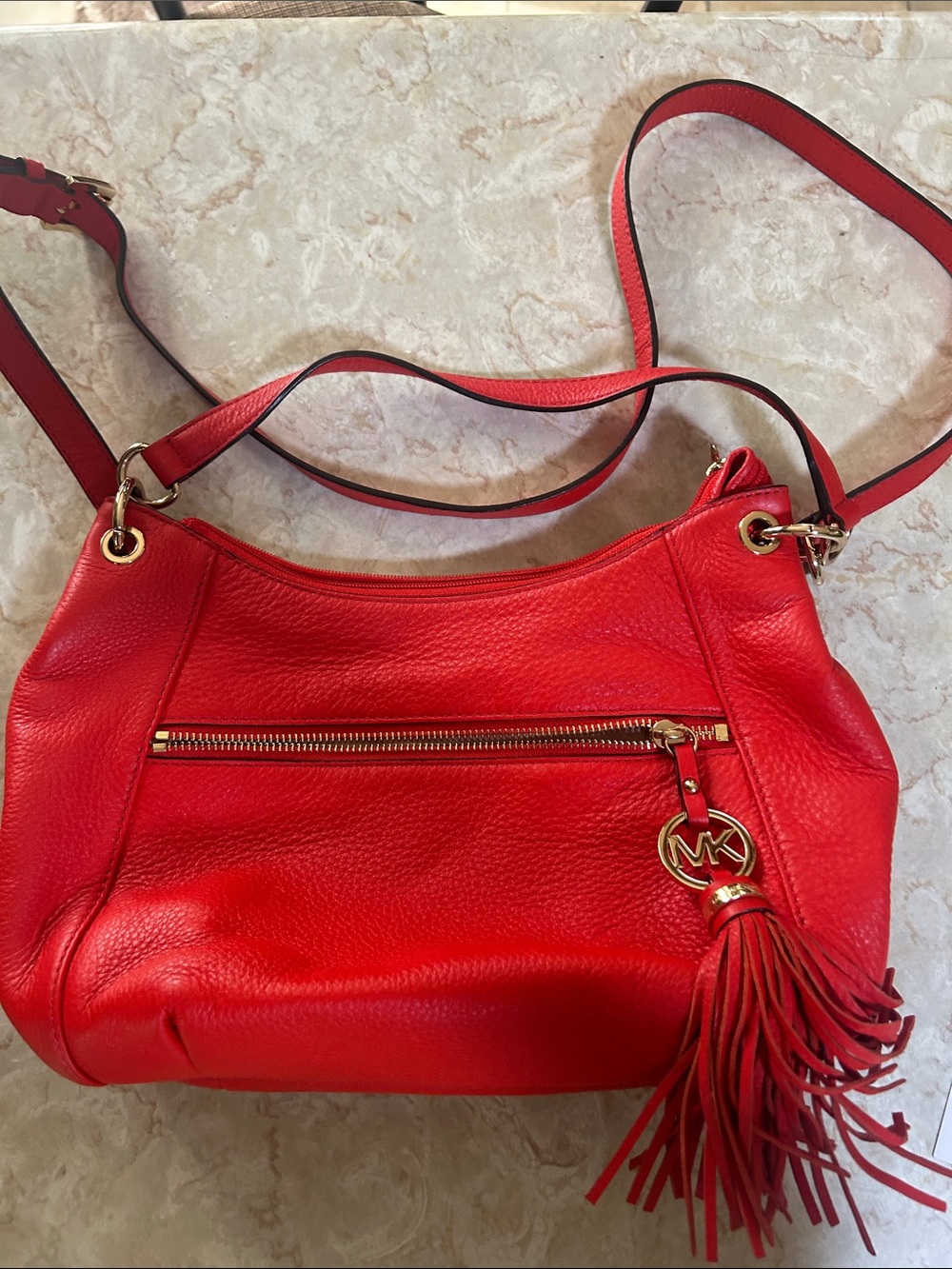 MICHAEL Michael Kors Red Pebbled Leather Shoulder Bag with Tassel Charm